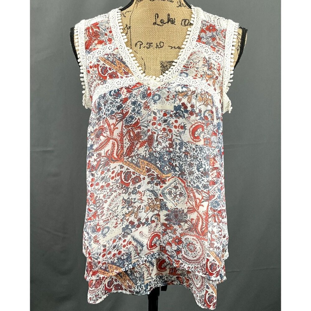 Maeve Top Womens S Floral Cochet Dainty Lace Semi Sheer Mesh V-Neck Blouse‎